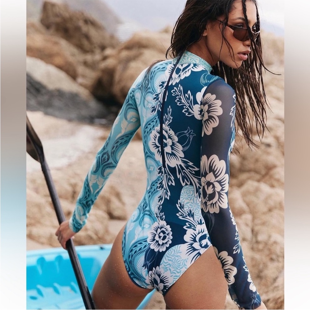 Agua Bendita Navy & Light Blue Floral Long-Sleeve One-Piece